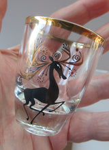 Load image into Gallery viewer, Vintage 1960s Shot Glasses with Black and Gold Reindeer Images
