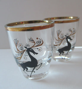 Vintage 1960s Shot Glasses with Black and Gold Reindeer Images