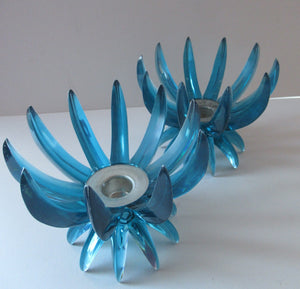 Pair of Collectable Mid Century 1960s Sputnik Style Blue Plastic Lucite Candlestick / Candle Holders. German Freidel