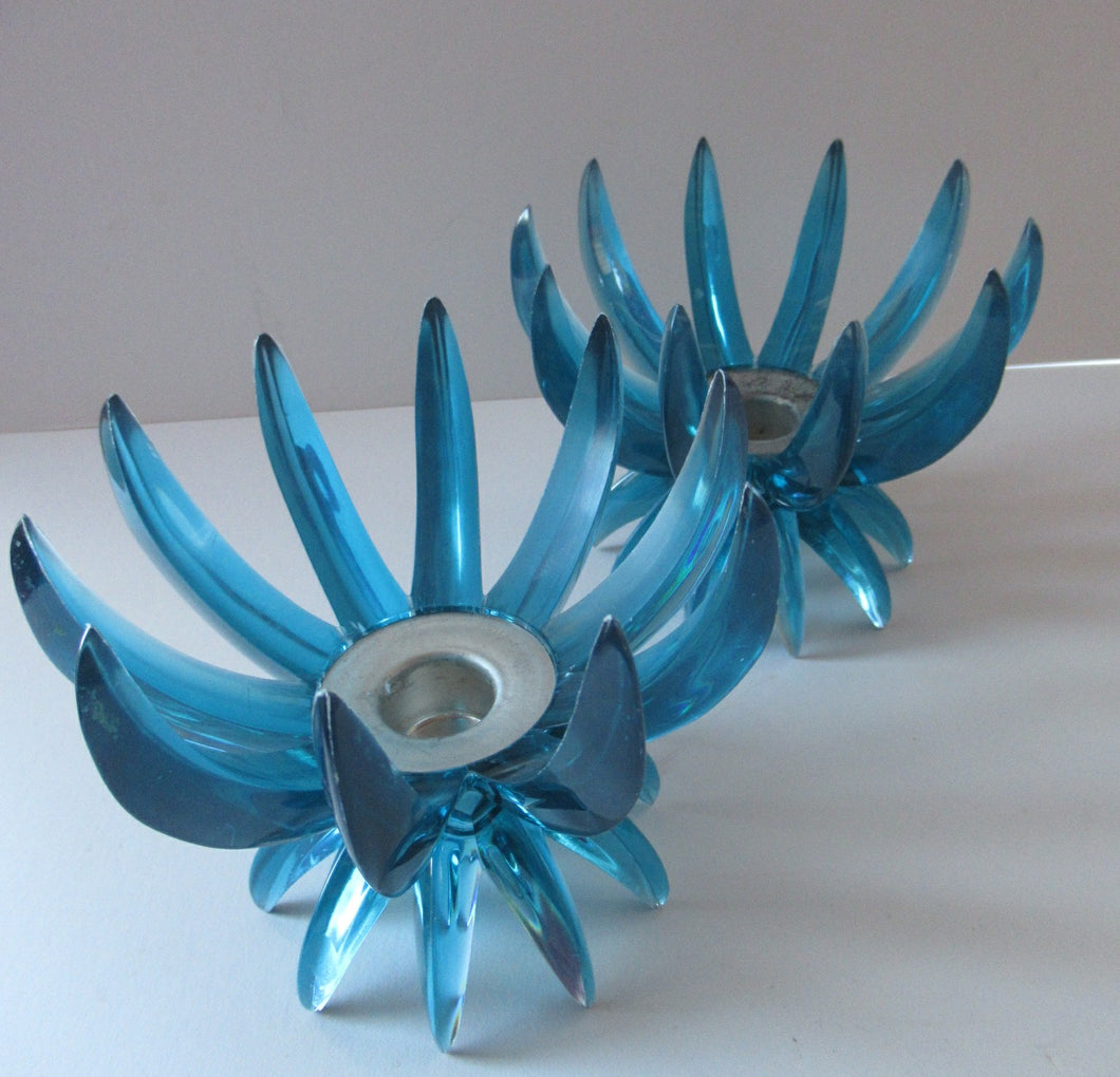 Pair of Collectable Mid Century 1960s Sputnik Style Blue Plastic Lucite Candlestick / Candle Holders. German Freidel