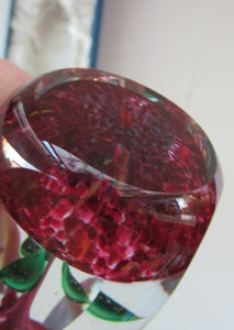 1960s Strathearn Paperweight Lampwork Pink Flower and Faceted Panels Original Box Scottish Glass