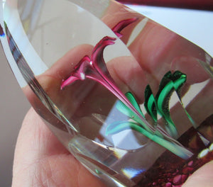 1960s Strathearn Paperweight Lampwork Pink Flower and Faceted Panels Original Box Scottish Glass