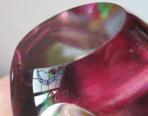 1960s Strathearn Paperweight Lampwork Pink Flower and Faceted Panels Original Box Scottish Glass