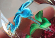 Load image into Gallery viewer, 1960s Strathearn Paperweight Lampwork Blue Flower and Faceted Panels Original Box Scottish Glass
