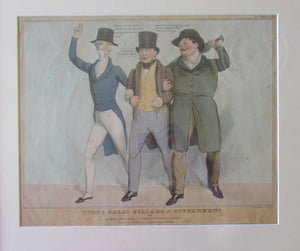 1830s Antique Satirical Print: John Doyle Hand-Coloured Lithograph THREE GREAT PILLARS OF GOVERNMENT