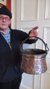 Large Antique Copper Pot or Cauldron with Cast Iron Handle