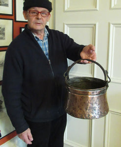 Large Antique Copper Pot or Cauldron with Cast Iron Handle