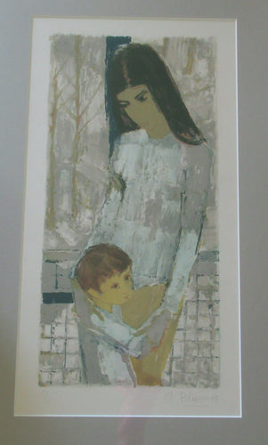 Mid Century Modern Art. Pencil Signed Colour Lithograph. Woman and Child Signed and dated 1963