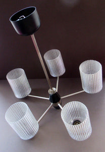 1960s Glass MODERNIST / BRUTALIST Pendant Chandelier - Stainless Steel Radiating Arms with Clear Hobnail Glass Shades 
