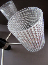 Load image into Gallery viewer, 1960s Glass MODERNIST / BRUTALIST Pendant Chandelier - Stainless Steel Radiating Arms with Clear Hobnail Glass Shades 
