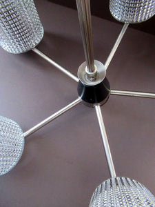 1960s Glass MODERNIST / BRUTALIST Pendant Chandelier - Stainless Steel Radiating Arms with Clear Hobnail Glass Shades 