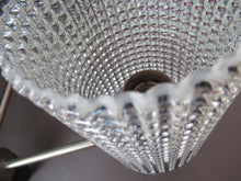 Load image into Gallery viewer, 1960s Glass MODERNIST / BRUTALIST Pendant Chandelier - Stainless Steel Radiating Arms with Clear Hobnail Glass Shades 
