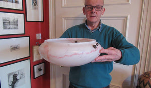 1930s Glass Hanging Goldfish Bowl or Flycatcher Lampshade. Opaque Glass with Rasberry Ripple Streaks