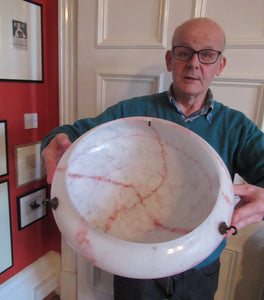 1930s Glass Hanging Goldfish Bowl or Flycatcher Lampshade. Opaque Glass with Rasberry Ripple Streaks