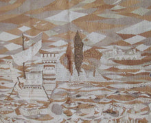 Load image into Gallery viewer, SCOTTISH ART: Vintage 1960s WOVEN TAPESTRY by Maureen Hodge. Panoramic Landscape with a Sailing Boat on the Seashore
