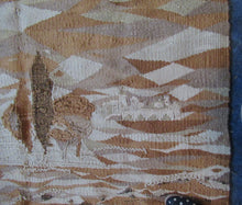 Load image into Gallery viewer, SCOTTISH ART: Vintage 1960s WOVEN TAPESTRY by Maureen Hodge. Panoramic Landscape with a Sailing Boat on the Seashore
