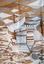 Load image into Gallery viewer, SCOTTISH ART: Vintage 1960s WOVEN TAPESTRY by Maureen Hodge. Panoramic Landscape with a Sailing Boat on the Seashore
