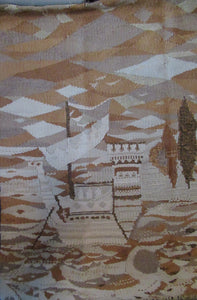 SCOTTISH ART: Vintage 1960s WOVEN TAPESTRY by Maureen Hodge. Panoramic Landscape with a Sailing Boat on the Seashore