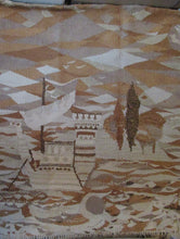 Load image into Gallery viewer, SCOTTISH ART: Vintage 1960s WOVEN TAPESTRY by Maureen Hodge. Panoramic Landscape with a Sailing Boat on the Seashore

