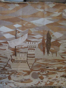 SCOTTISH ART: Vintage 1960s WOVEN TAPESTRY by Maureen Hodge. Panoramic Landscape with a Sailing Boat on the Seashore