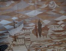 Load image into Gallery viewer, SCOTTISH ART: Vintage 1960s WOVEN TAPESTRY by Maureen Hodge. Panoramic Landscape with a Sailing Boat on the Seashore
