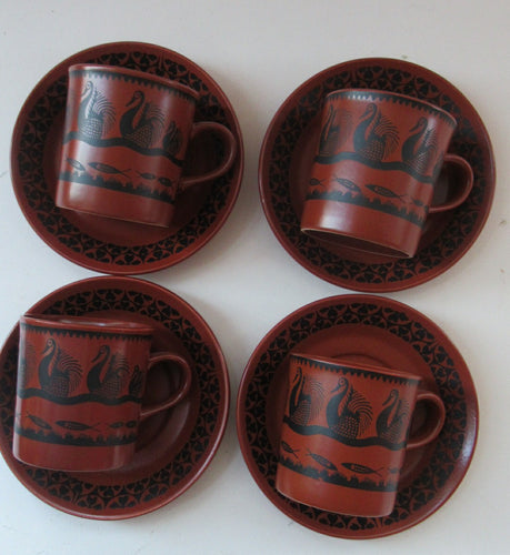 1960s Scottish Wilson Terracotta Cups and Saucers Swans Pattern