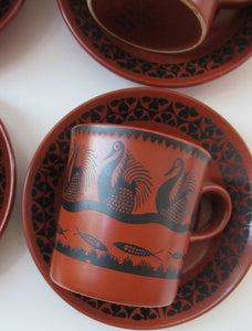 1960s Scottish Wilson Terracotta Cups and Saucers Swans Pattern