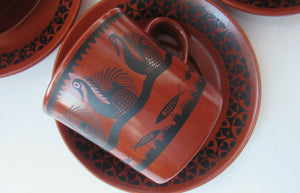 1960s Scottish Wilson Terracotta Cups and Saucers Swans Pattern