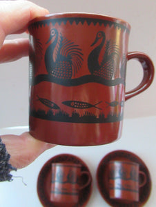 1960s Scottish Wilson Terracotta Cups and Saucers Swans Pattern1960s Scottish Wilson Terracotta Cups and Saucers Swans Pattern