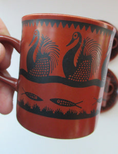1960s Scottish Wilson Terracotta Cups and Saucers Swans Pattern