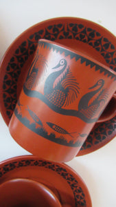 1960s Scottish Wilson Terracotta Cups and Saucers Swans Pattern