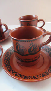 1960s Scottish Wilson Terracotta Cups and Saucers Swans Pattern