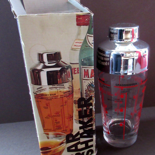 Vintage 1970s Italian Glass Cocktail Shaker. Original Box with Cocktail Recipes Printed on the Glass Shaker 
