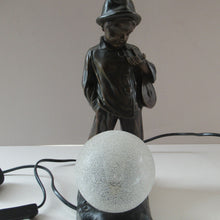 Load image into Gallery viewer, Antique French 1930s Table Lamp. STREET MUSICIAN by G. Demange. Bronzed Spelter with Frosted Glass Globe Shade 
