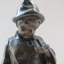 Load image into Gallery viewer, Antique French 1930s Table Lamp. STREET MUSICIAN by G. Demange. Bronzed Spelter with Frosted Glass Globe Shade 
