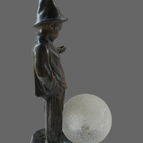 Antique French 1930s Table Lamp. STREET MUSICIAN by G. Demange. Bronzed Spelter with Frosted Glass Globe Shade 