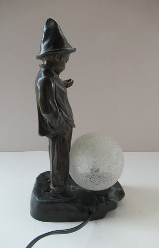 Antique French 1930s Table Lamp. STREET MUSICIAN by G. Demange. Bronzed Spelter with Frosted Glass Globe Shade 