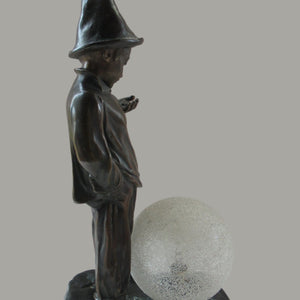 Antique French 1930s Table Lamp. STREET MUSICIAN by G. Demange. Bronzed Spelter with Frosted Glass Globe Shade 