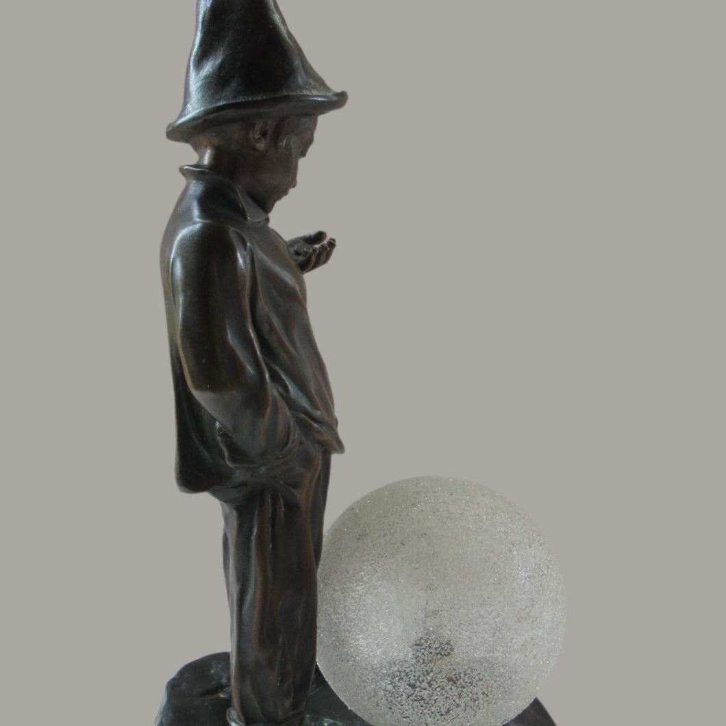 Antique French 1930s Table Lamp. STREET MUSICIAN by G. Demange. Bronzed Spelter with Frosted Glass Globe Shade 