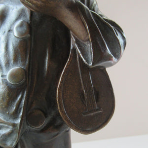 Antique French 1930s Table Lamp. STREET MUSICIAN by G. Demange. Bronzed Spelter with Frosted Glass Globe Shade 