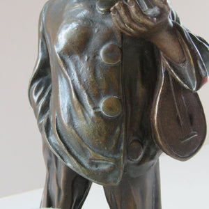 Antique French 1930s Table Lamp. STREET MUSICIAN by G. Demange. Bronzed Spelter with Frosted Glass Globe Shade 