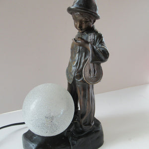 Antique French 1930s Table Lamp. STREET MUSICIAN by G. Demange. Bronzed Spelter with Frosted Glass Globe Shade 