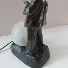 Load image into Gallery viewer, Antique French 1930s Table Lamp. STREET MUSICIAN by G. Demange. Bronzed Spelter with Frosted Glass Globe Shade 
