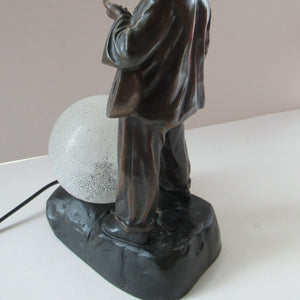 Antique French 1930s Table Lamp. STREET MUSICIAN by G. Demange. Bronzed Spelter with Frosted Glass Globe Shade 