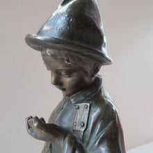 Load image into Gallery viewer, Antique French 1930s Table Lamp. STREET MUSICIAN by G. Demange. Bronzed Spelter with Frosted Glass Globe Shade 
