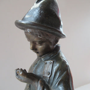 Antique French 1930s Table Lamp. STREET MUSICIAN by G. Demange. Bronzed Spelter with Frosted Glass Globe Shade 