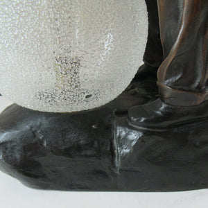 Antique French 1930s Table Lamp. STREET MUSICIAN by G. Demange. Bronzed Spelter with Frosted Glass Globe Shade 