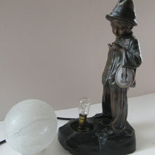 Load image into Gallery viewer, Antique French 1930s Table Lamp. STREET MUSICIAN by G. Demange. Bronzed Spelter with Frosted Glass Globe Shade 
