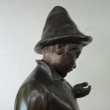 Load image into Gallery viewer, Antique French 1930s Table Lamp. STREET MUSICIAN by G. Demange. Bronzed Spelter with Frosted Glass Globe Shade 
