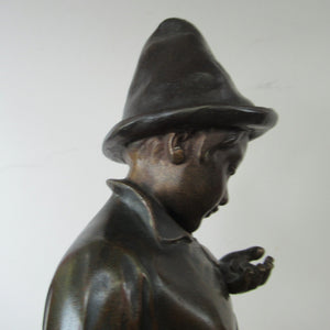 Antique French 1930s Table Lamp. STREET MUSICIAN by G. Demange. Bronzed Spelter with Frosted Glass Globe Shade 